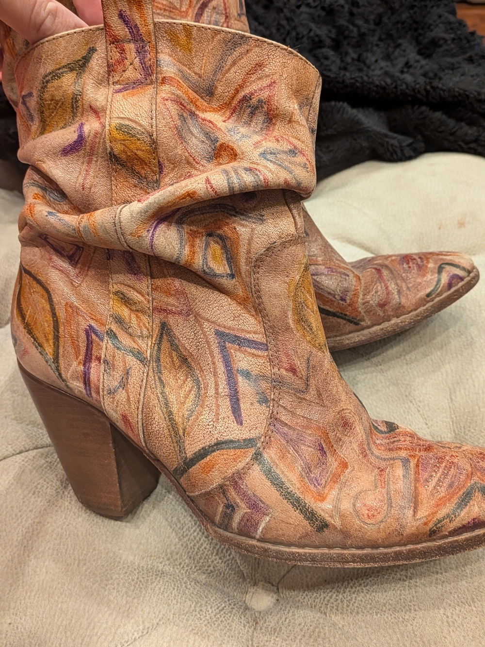 SCHUTZ Multicolor Patterned Tan Leather Ankle Boots